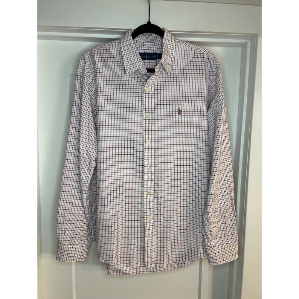 Ralph Lauren Mens Large Pink Navy Blue Tattersall Check Cotton Button Down Shirt